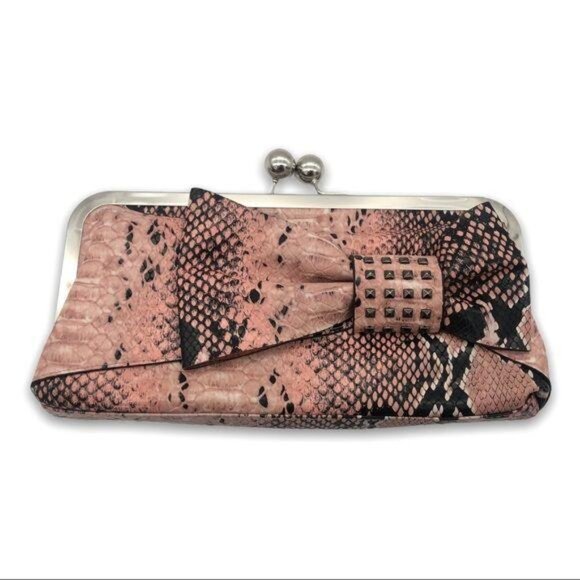 Embossed Snakeskin Faux Leather Clutch Set Pink Card Holder Key Fob Set of 3 - Picture 6 of 13